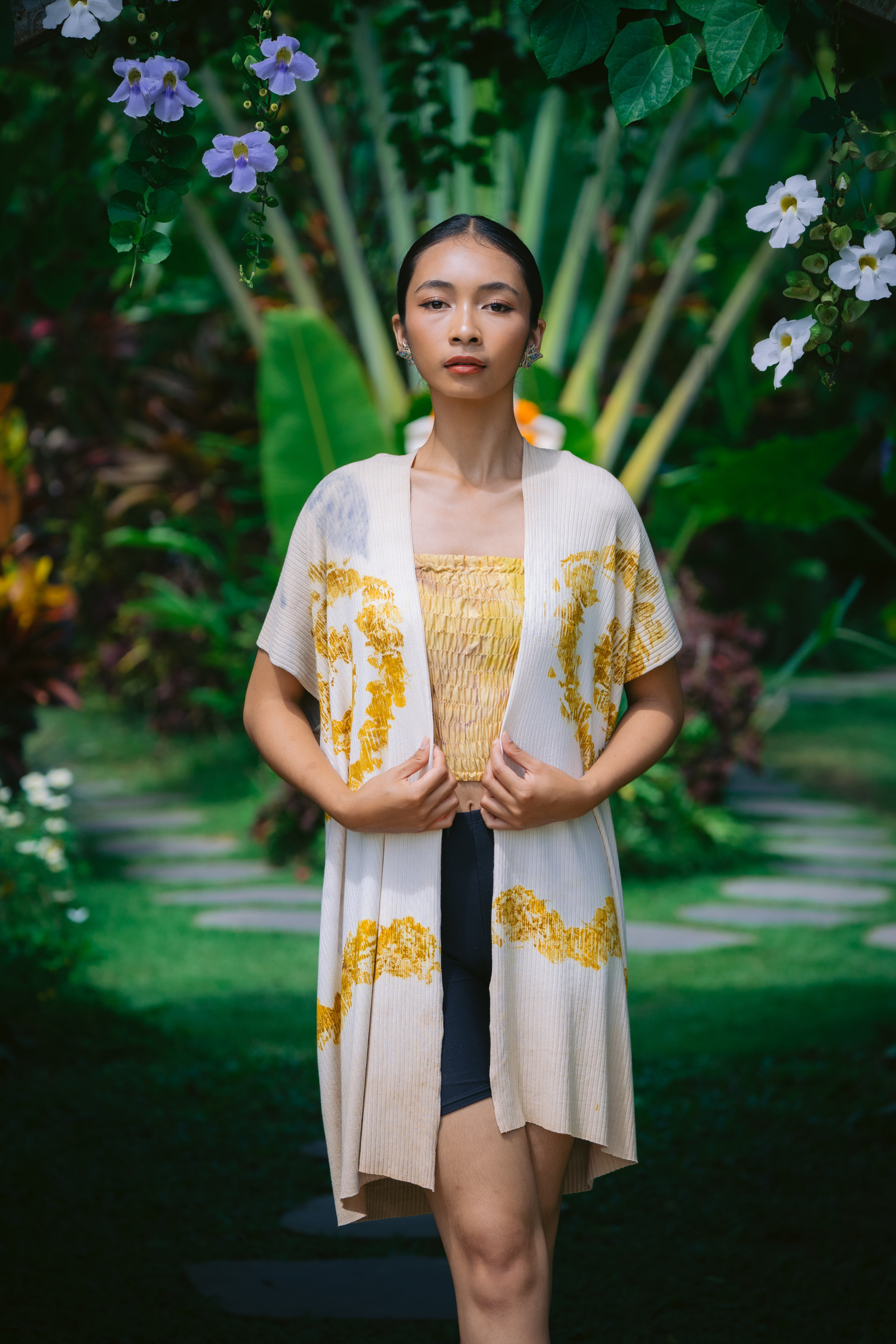 The Lotus  White, Brown, Blue & Yellow Organic Bamboo Cotton Kimono Out Fit